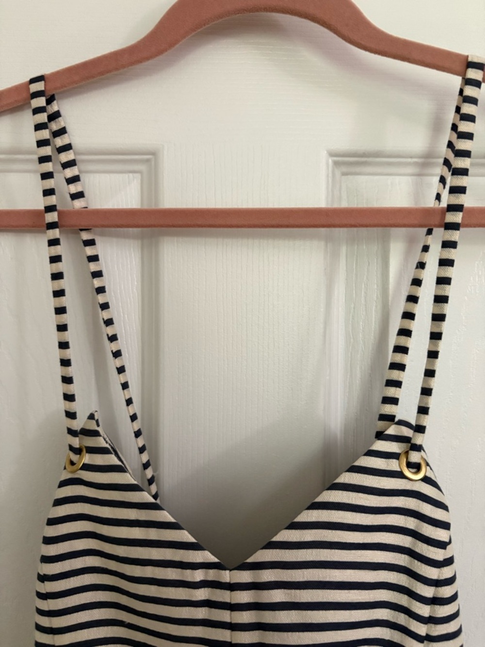 NBD Navy and White Striped thin Strap Romper gold accents & crisscrossed back M